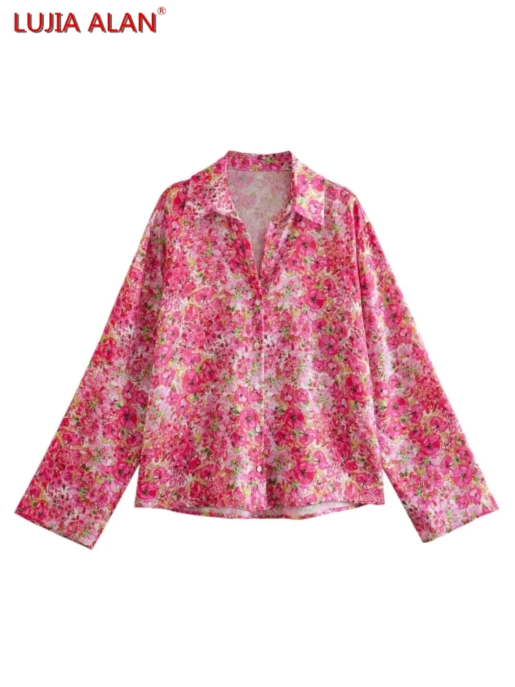 

New Women Pink Flower Printed Casual Shirt Female Long Sleeve Blouse Lapel Loose Tops LUJIA ALAN B1559