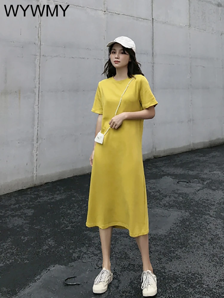 

WYWMY Summer Short Sleeve Long T-Shirt Dress Women Casual Dress Korean Style Fashion Loose Round Neck Solid Color Maxi Dress