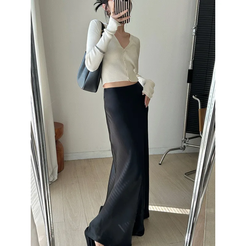 Атласная длинная юбка с завышенной талией для женщин новинка 2024 летняя Стильная