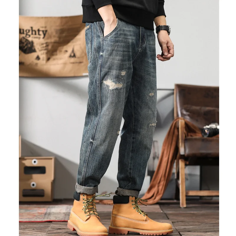 Men Clothing New Pattern Recreational Vintage Broad Leg Blue Ripped Jeans Straight Cylinder Large Loose Cargo Pants Autumn Women
