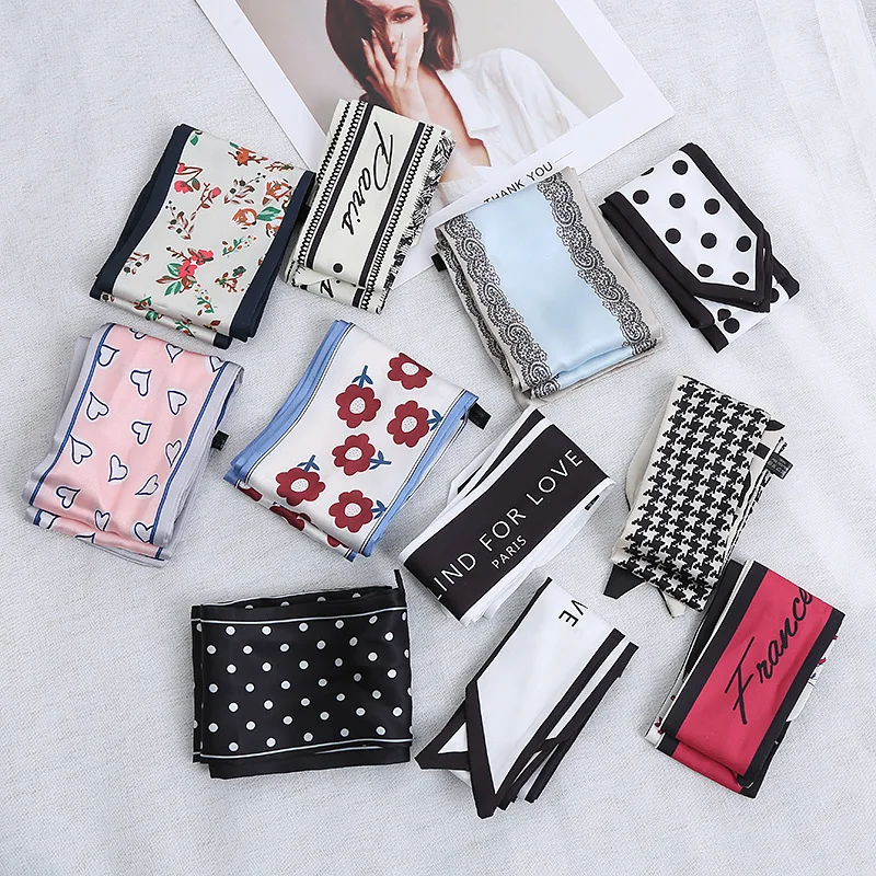 

Retro Silk Scarf Streamer Narrow and Long Bow Hairband Female Printed Square Scarf Tied Bag with Cute Hair Accessories