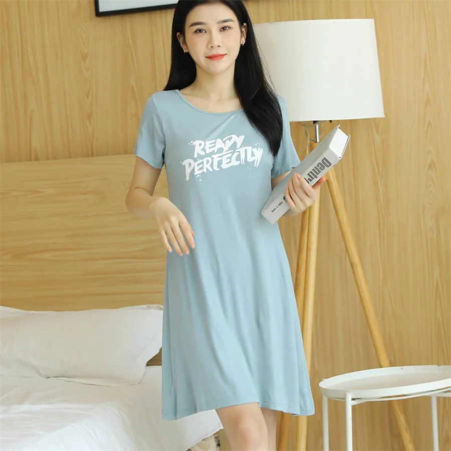 

Summer Short Sleeve Nightdress Women Sleepwear Sexy Mini Nightgown with Chest Pad Nightwear Loose Modal Home Dress Loungewear