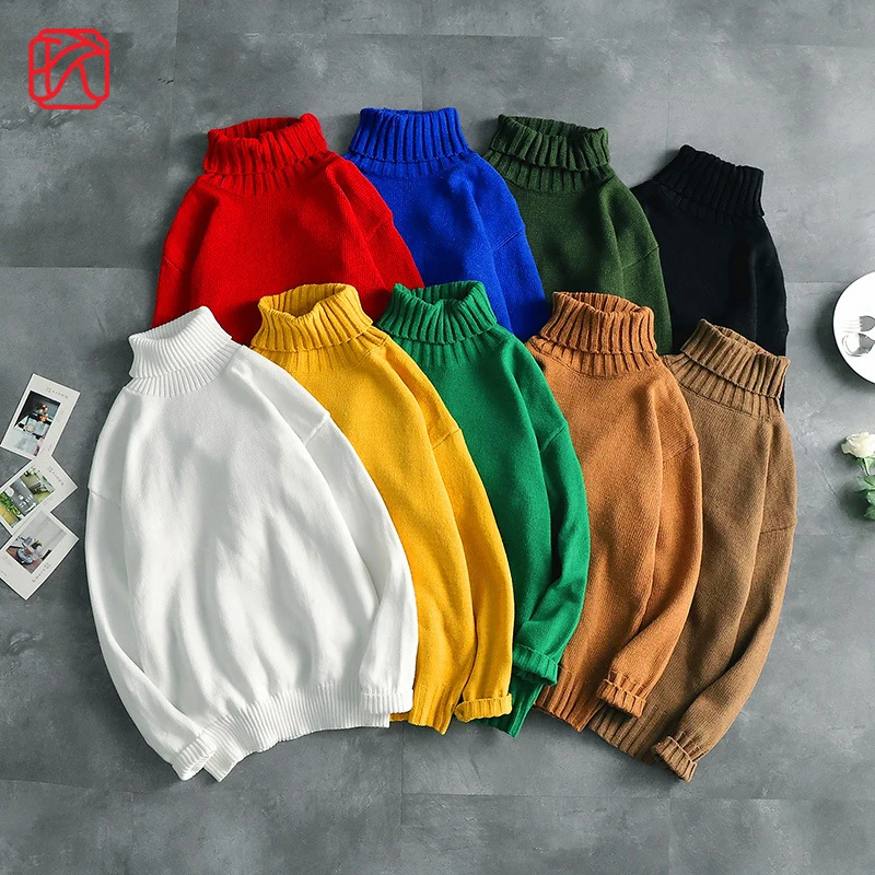 

Spring Autumn Solid Color Turtleneck Sweater Men's Korean Loose Casual Teen Couple Hong Kong Style Knit Sweater Warm Comfortable