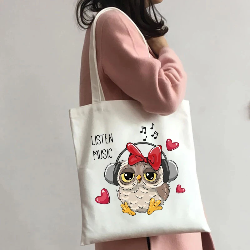 

Lovely Owl Cartoon Shopping Bag Women Handbag Travel Ladies Shopper Bag Shoulder Canvas Bag Large Capacity female Tote Bag