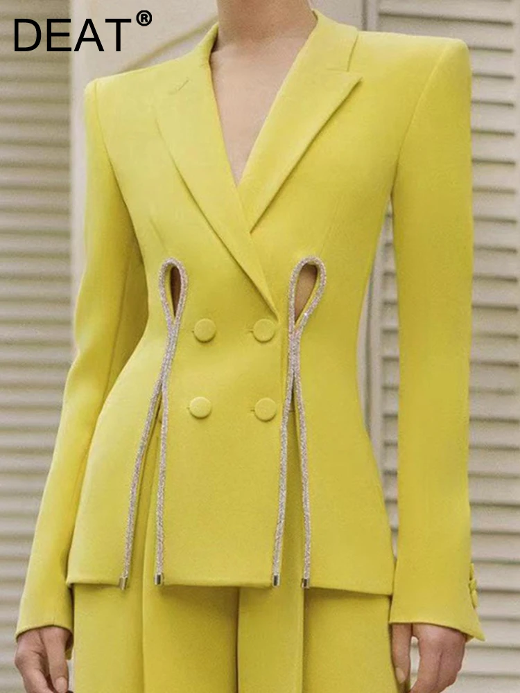 

DEAT Fashion Women's Blazer Notched Collar Hollow Out Retraction Waist Rhinestone Decoration Suit Jackets Autumn 2023 New 7AB979