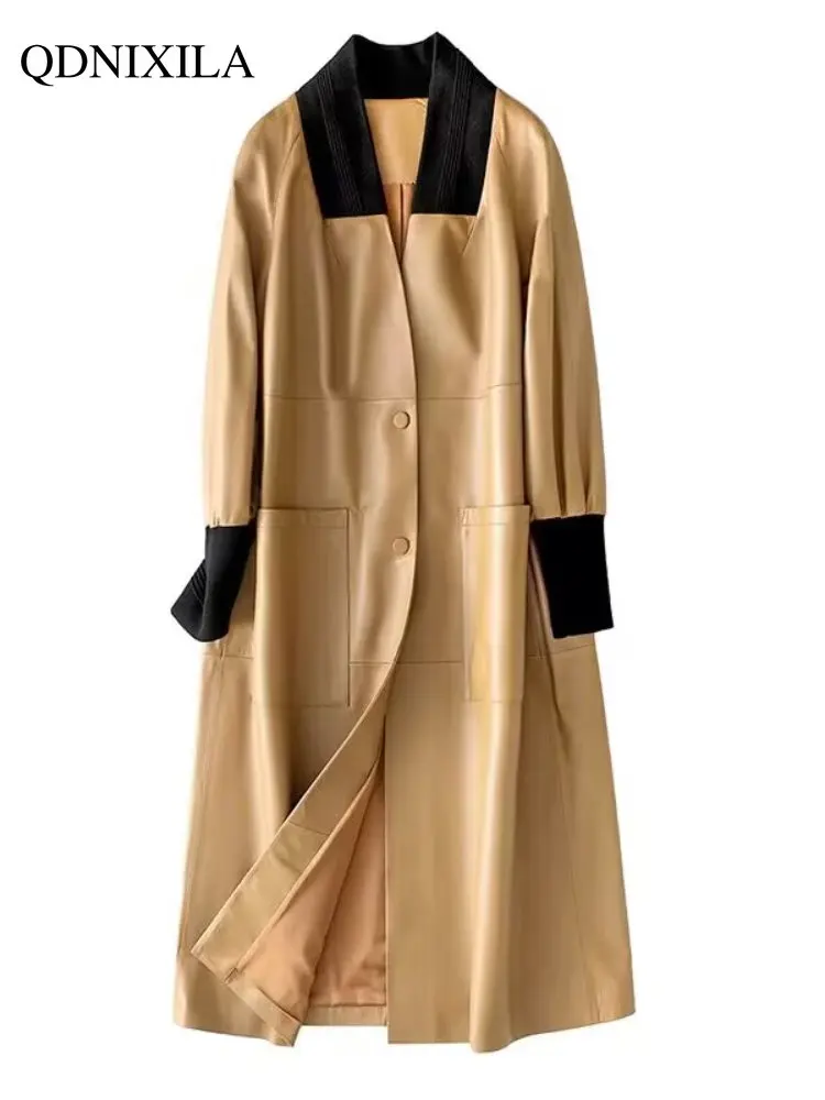 Women's Leather Jacket Sheepskin Coat 2023 New Korean Version of Loose Long Trench Coat PU Women Jacket New In Outerwear