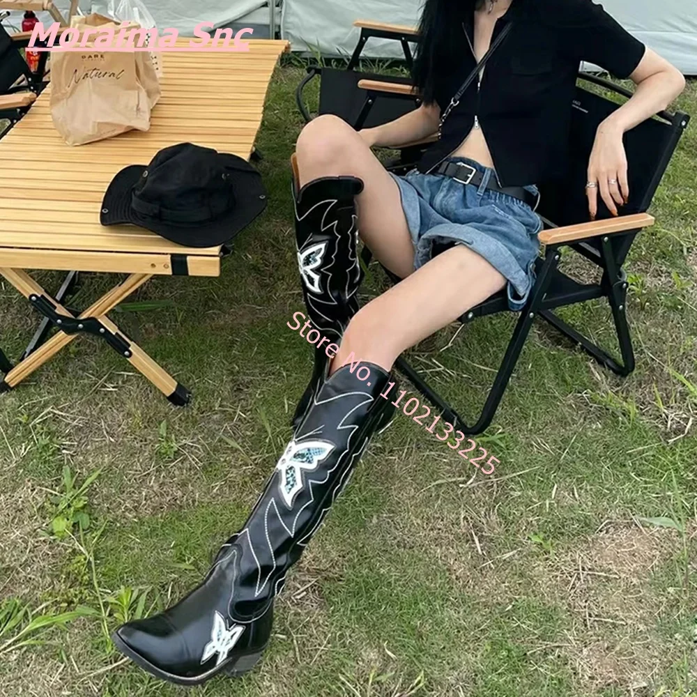 

Зимние новые женские рыцарские сапоги, кожаные, на высоком каблуке, с острым носком, однотонные, без шнуровки, с вышивкой, крутая Бесплатная доставка, панк, до колена