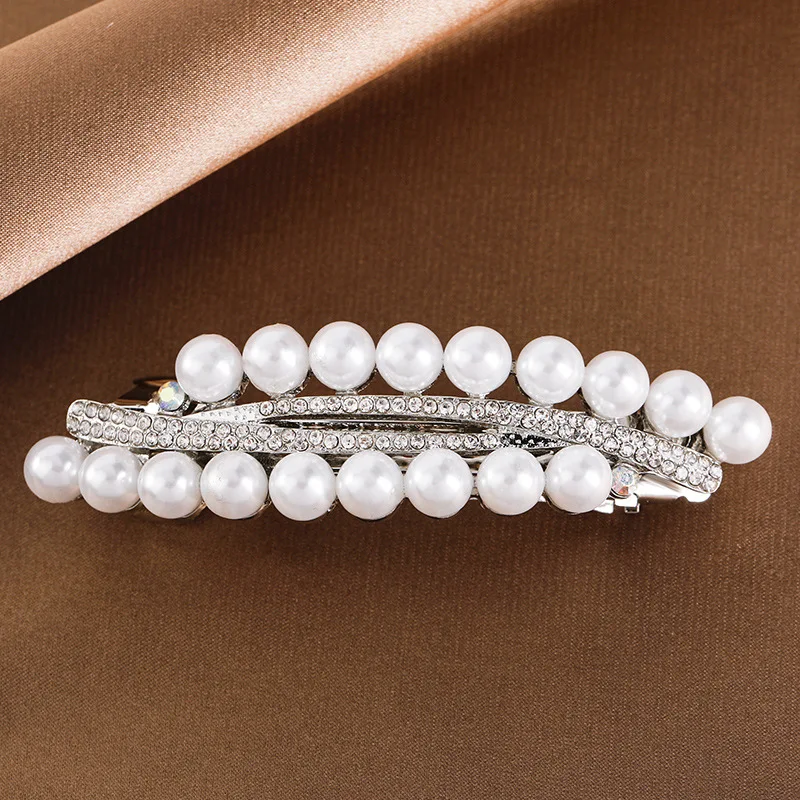 Double Row Imitation Pearl Spring Clip Vintage Zircon Boutique Horizontal Clip Elegant Mother Fashion Hair Accessories