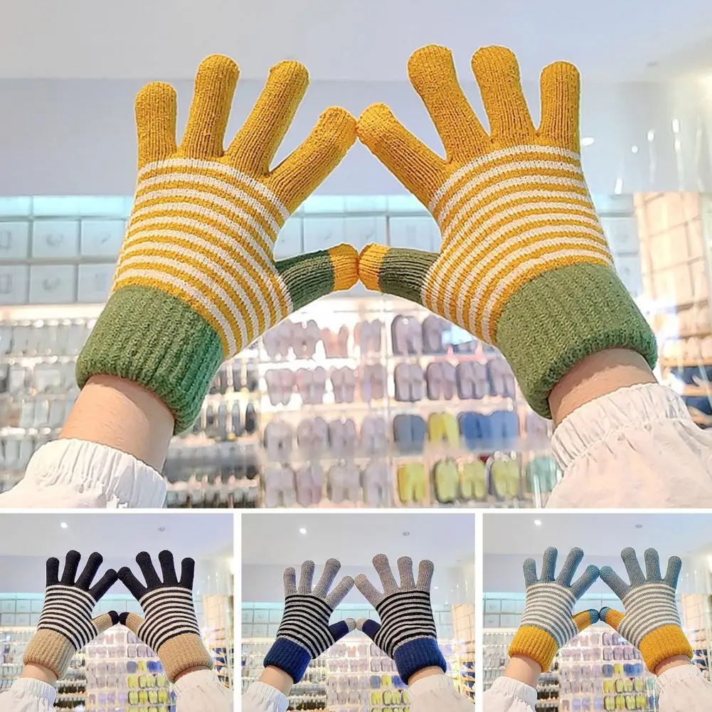 

Winter Thickened Warm Gloves Full Fingers Cycling Touch Screen Couple Unisex Striped Splicing Fleece Lining Knitting Gloves