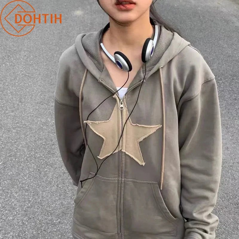 

Women's Street Skateboard Zip Up Casual Hoodies Hip Hop Letter Print Hooded Sweatshirts Women Fashion Vintage Loose Streetwear