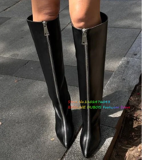 Длинные сапоги до колена на каблуке с молнией спереди женские кожаные ботинки