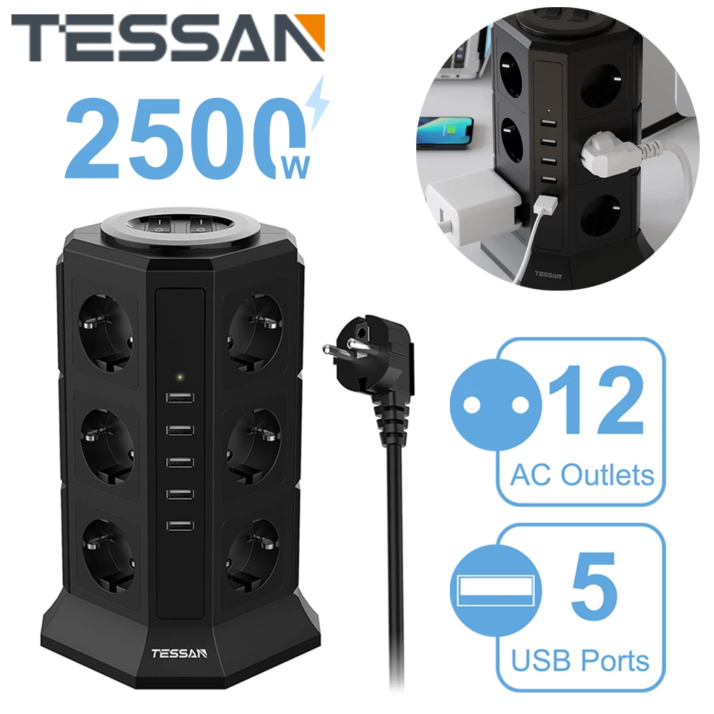 

Сетевой фильтр TESSAN Tower с 3/6/12 розетками и 3/4/5 USB-портами