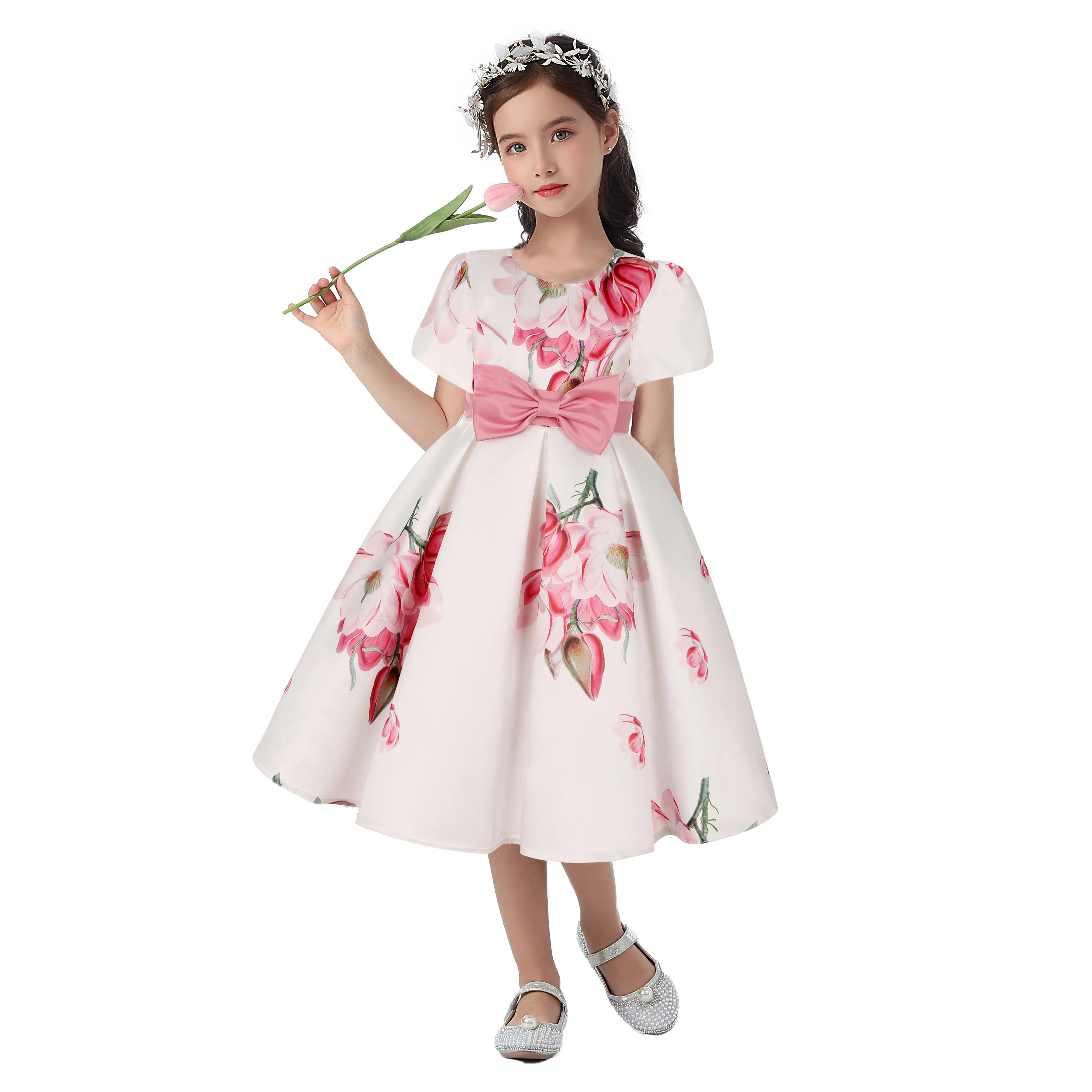 

Vintage Print Girls Puff Sleeve Evening Dress Kids Costume Dress Wedding Flower Girl Bridesmaid Dress Formal Dress 3-10 Years