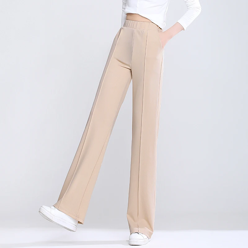 

Summer Women's Wide Leg Pants Korean Fashion Solid Color Leisure Elastic Waist Chiffon Pocket Loose Female Clothing Movafag