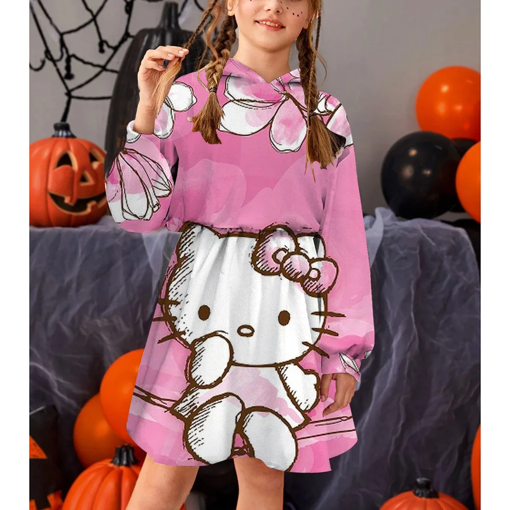 

Весенне-осеннее платье с капюшоном для девочек с котенком 2023, пуловер для девочек, Повседневное платье-топ с милым мультяшным принтом, модно...