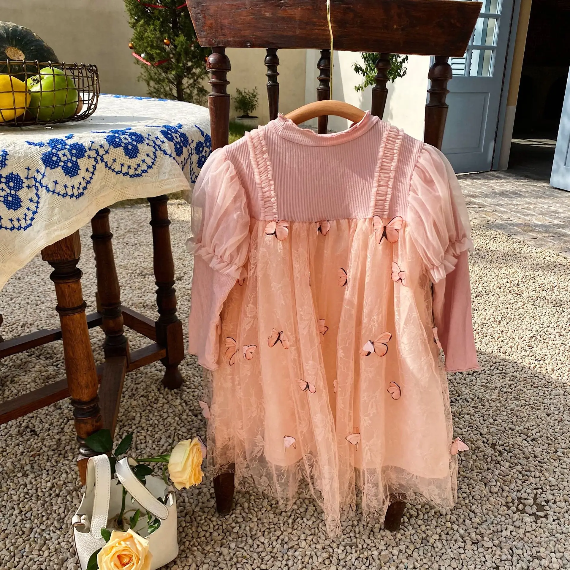 

2022 Spring Girls Pink Lace Dress Baby Tulle Dresses Princess Wedding Birthday Party Robe Cute Children Kids Boutique Clothes