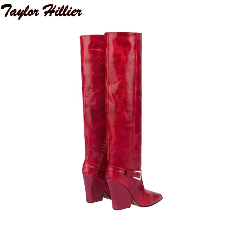 Зимние красные сапоги до колена из натуральной кожи с пряжкой на ремне прямые