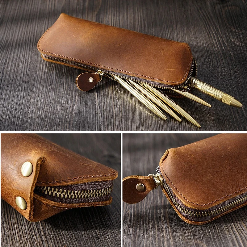 

Retro Genuine Leather Pencilcase Pen Case Storage Pouch For Stationery Holder Real Nature Cowhide Office School Supplies Gift