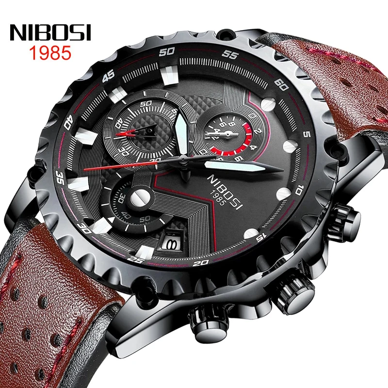 

2022 New Mens Watches NIBOSI Top Brand Leather Chronograph Waterproof Sport Automatic Date Quartz Watch For Men Relogio Masculin