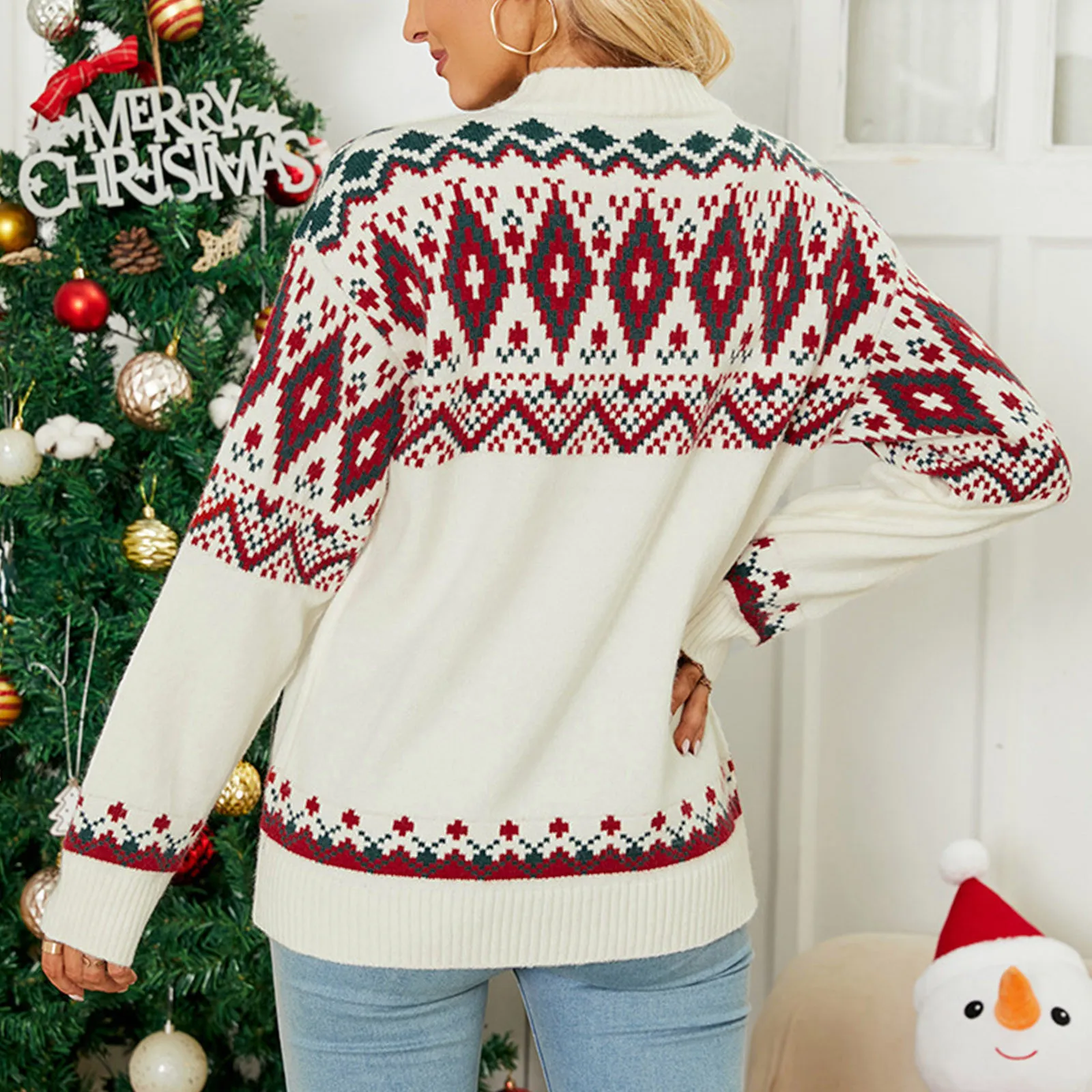 Женский повседневный рождественский пуловер с круглым вырезом и контрастными