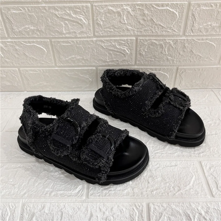 Designer Sandals Women Summer 2023 Casual Beach Flats Ladies Thick Sole Platform Shoes Black Crystal Gladiator Sandalias Mujer