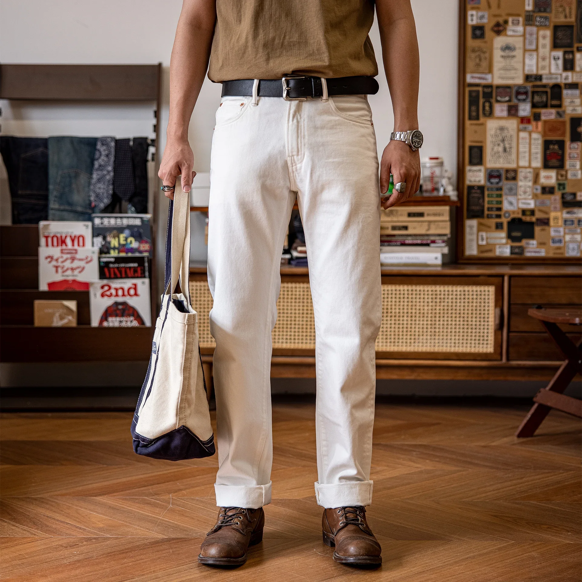 710-0003 Тяжелые брюки Indigo Selvage Washed 14 унций санфоризованные толстые джинсовые джинсы