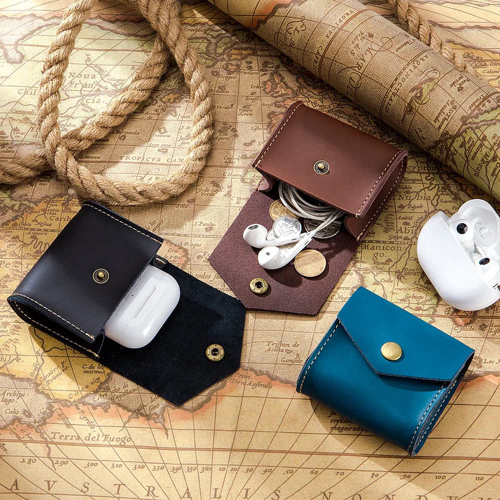 

Mini Handy Portable Earphone Pack Second Layer Cow Leather Data Line Boys Girls Men Women Coin Pouches Small Item Holder Bags
