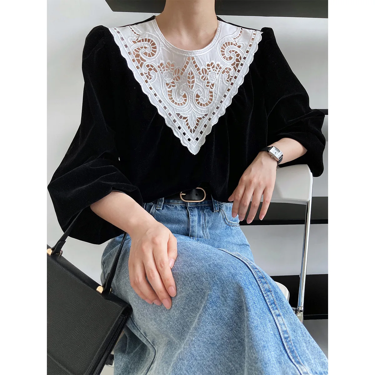 Autumn French court style lace chic shirt black velvet bubble sleeve shirt women  blouse for women  Polyester  blouse