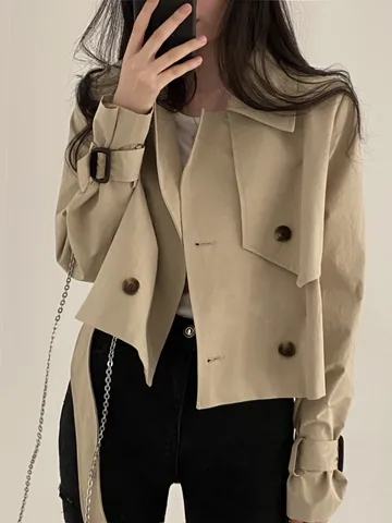 Корейский женский осенний Тренч, короткая куртка, повседневное женское пальто на шнуровке, топы для женщин (hf1903), 2 цвета, 2023