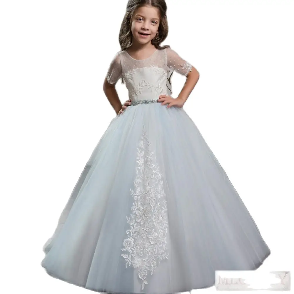 

Sky Blue Princess Short Sleeved Kids Special Ocassion Dress Pageant Dress with Bows for Girls Aged 2-14 Years