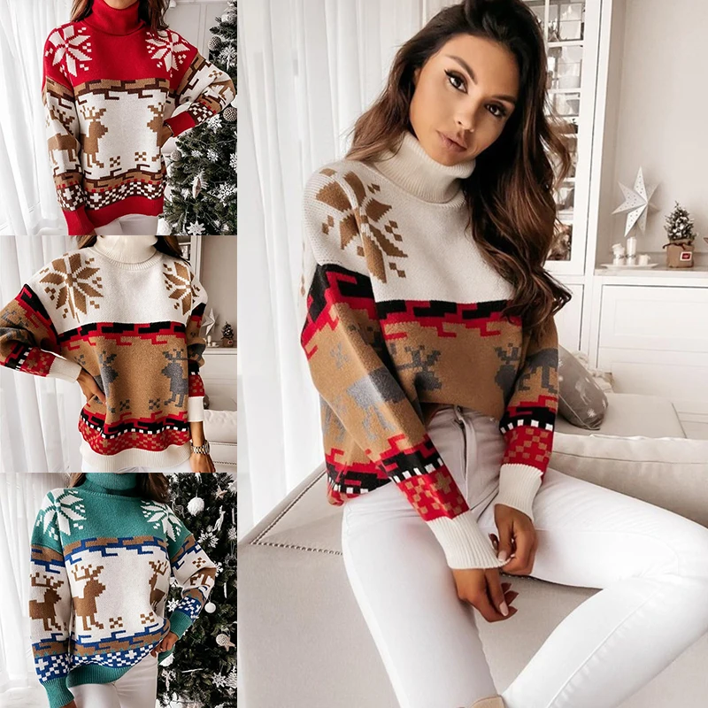 

Winter Women's Turtleneck Sweaters Long Sleeve Christmas Elk Snowflake Pattern Women's Pullovers Loose Knit Tops Streetwear