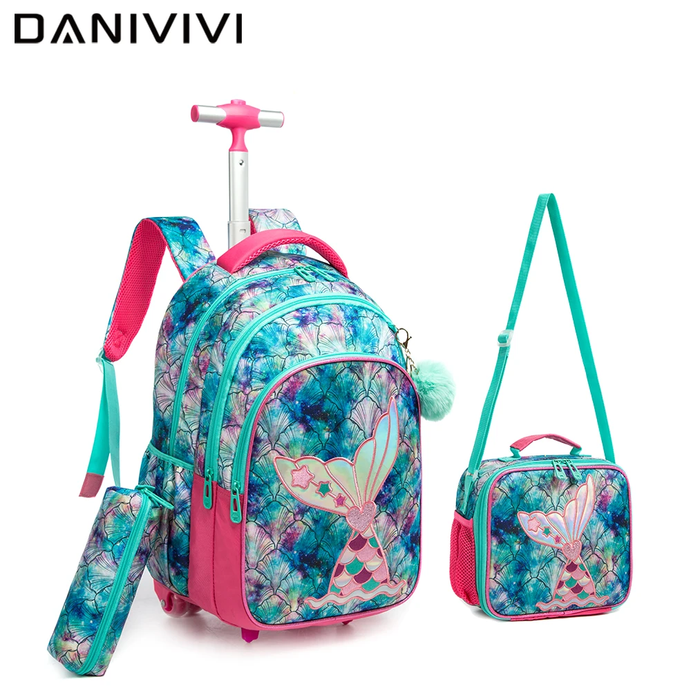 3IN 1 School Backpack with Wheels for Children School Backpacks for Teenagers Girls Mermaid Schoolbag with Lunch Bag Pencil Case