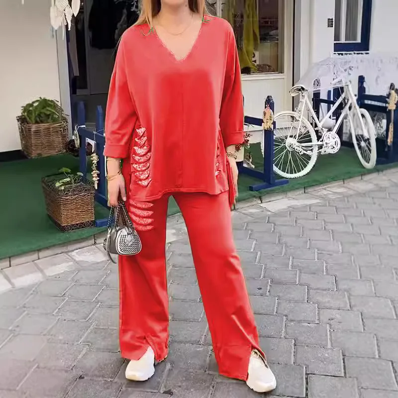 Однотонный повседневный хлопково-льняной костюм для женщин свободный топ с