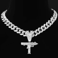 punk bling crystal uzi submachine gun pendant necklace for men women hip hop iced out cuban link chain necklace rapper jewelry