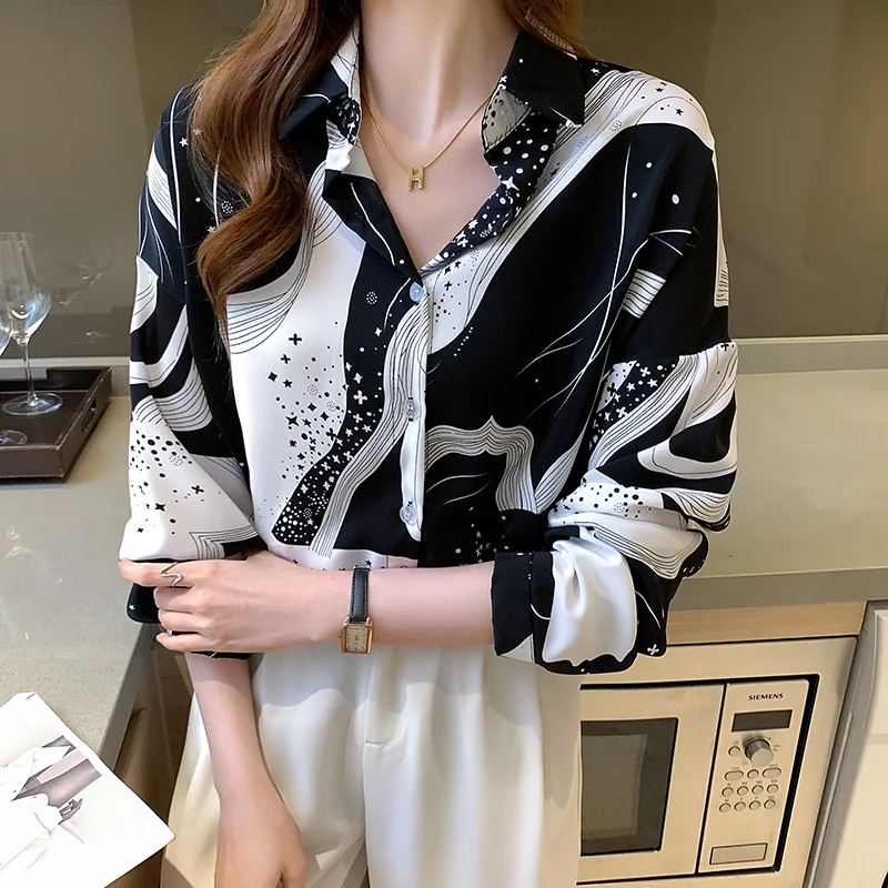 

Chiffon Women's Blouse Print Polo Shirt New Casual Loose Long Sleeve Top Summer