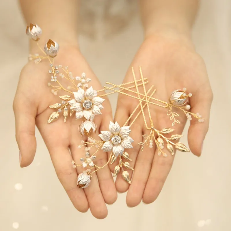 Заколки для волос в стиле бохо с цветами золотого цвета, свадебные украшения для волос ручной работы с листьями и жемчугом, женские аксессуары для выпускного вечера Заколки для волос в стиле бохо с цветами золотого цвета, свадебные украшения для волос ручной работы с листьями и жемчугом, женские аксессуары для выпускного вечера