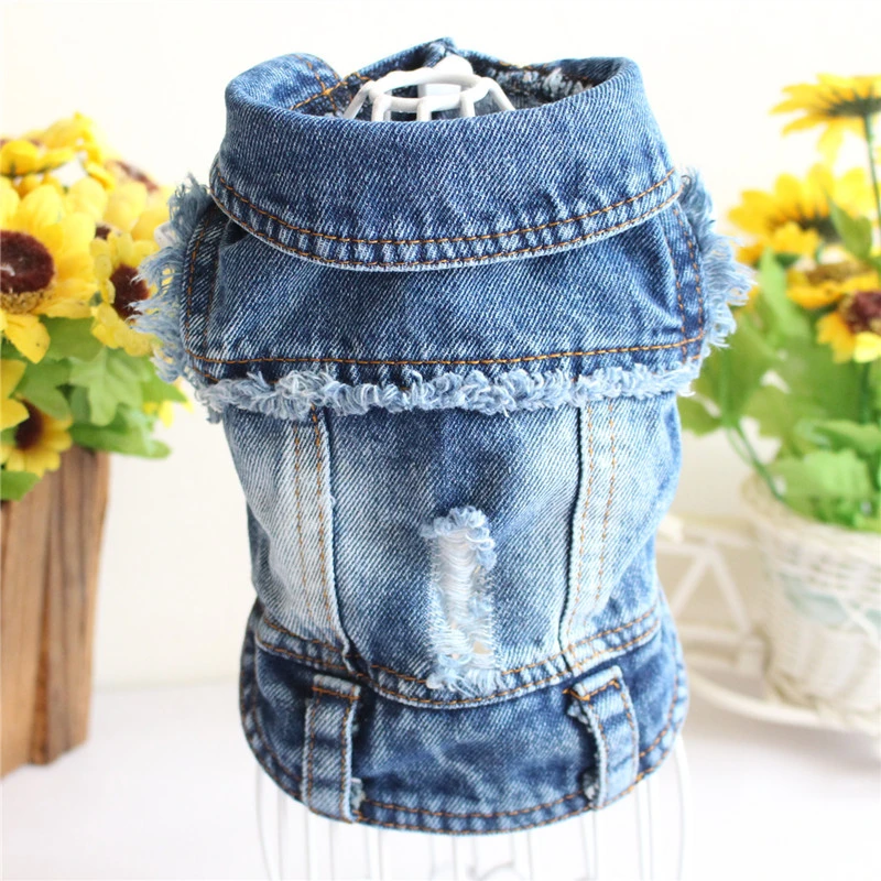 

New Spring and Summer Pet Clothes with Ripped Holes and Fringed Denim Vest Puppy Blue Denim Jacket Vest 6 Sizes