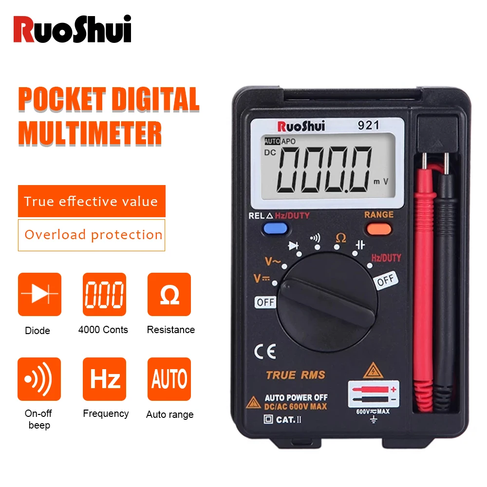 

RuoShui 921 Multimeter 4000 Counts Mini Auto Range Resistance Tranistor Capacitance Tester Ammeter Belt Foldable Digital Meter