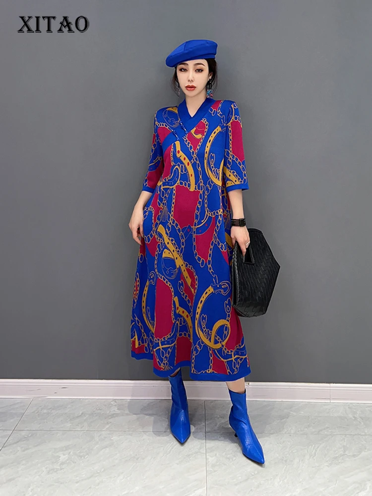 

XITAO Contrast Color Knitting Dress Loose Fashion Vintage V-neck Collar Three Quarter Sleeve Women Sweater Dress SMH1282