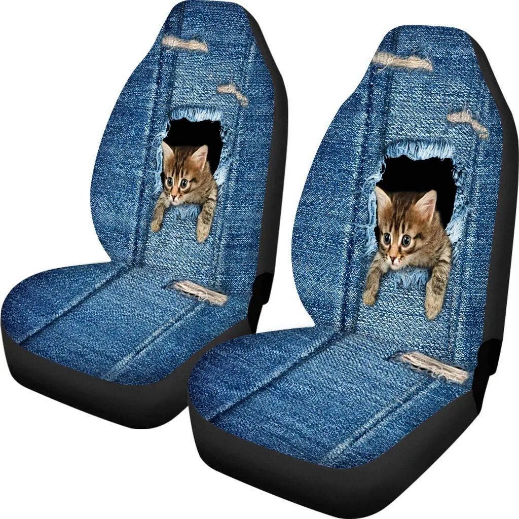 

Animal Cat Denim Print Fabric Front Seat Covers Bohemia Design Car Interior Protector Set of 2 Universal Fit for Vehicle Sedan