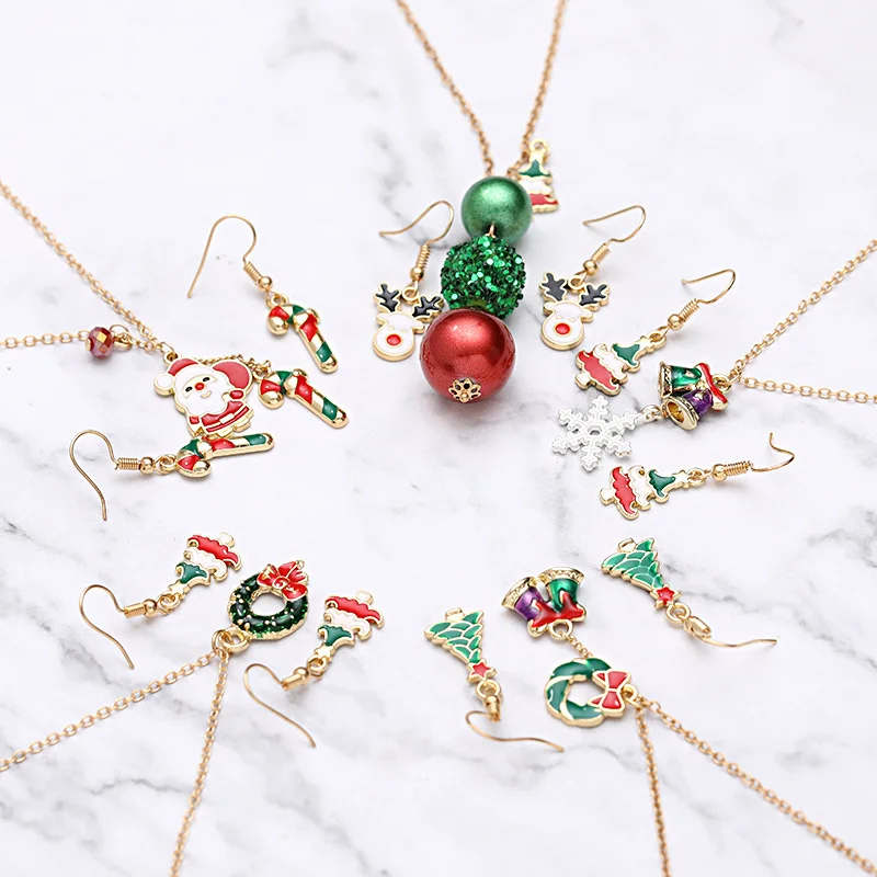 

Creative Christmas Collection Cute Dripping Oil Bell Snowman Santa Claus Necklace Earrings Trend Enamel Elk Jewelry Set 2022