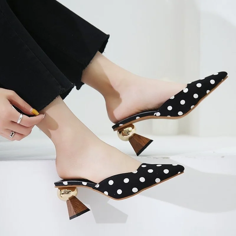 

Brand 2022 Summer New Women's Sandals Fashion Mules Polka Hot Women High Heels Women Pointed Toe Slippers Woman Slippers Shoes