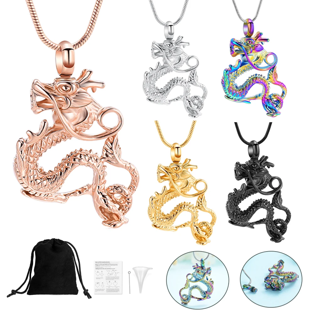 

Customized Cremation Urn Jewelry For Ashes Pendant Dragon Shape Memorial Necklace For Women Men Stainless Steel Urns Keepsake