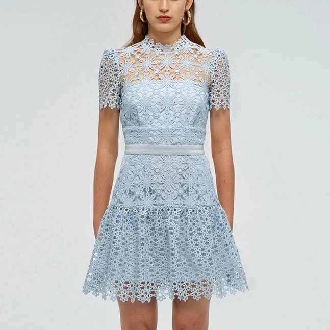 

2023 Top Quality Spring Summer Baby Blue Lace Mini Sweet Style Dresses Women