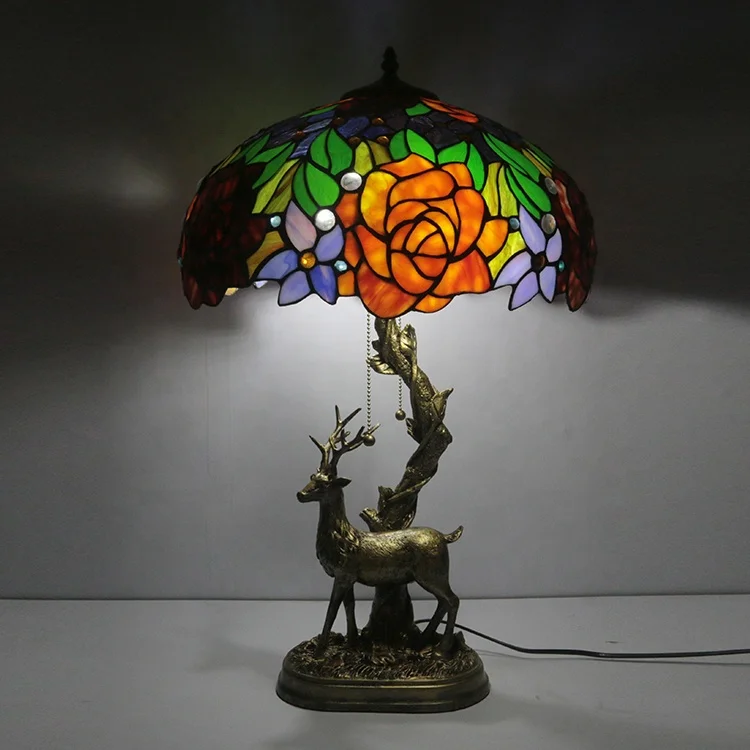 

LongHuiJing 16inch Tiffany Beauty Table Lamp With Resin Deer Base Rose Flower stained Glass Lampshade Desk Lights