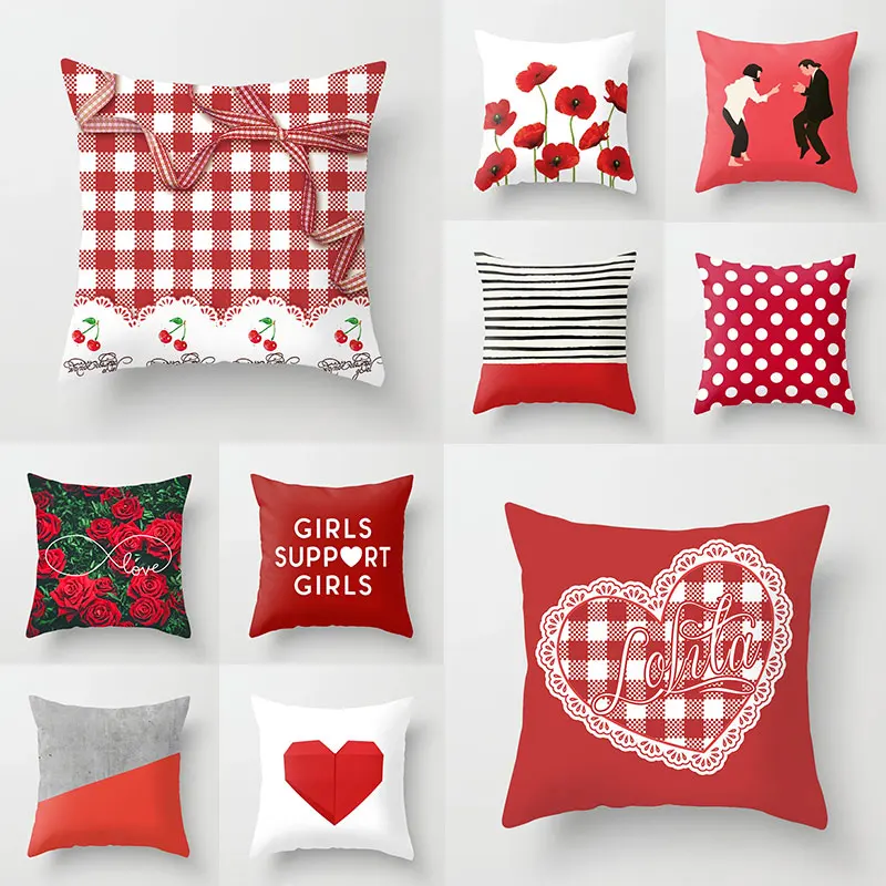 

Pillow Case Red Floral Cushion Cover Polyester Decorative Throw Pillow Fashion Plaid Striped Sofa Pillow Home Decor