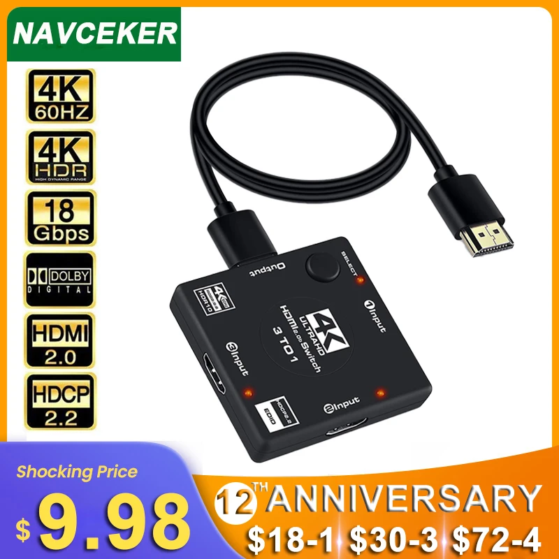 

2020 Best HDMI Switch 4K 60Hz HDMI Switcher 3 Ports HDMI Switch Adapter 3 in 1 out HDMI Switch 2.0 Converter For PS4 Pro TV BOX