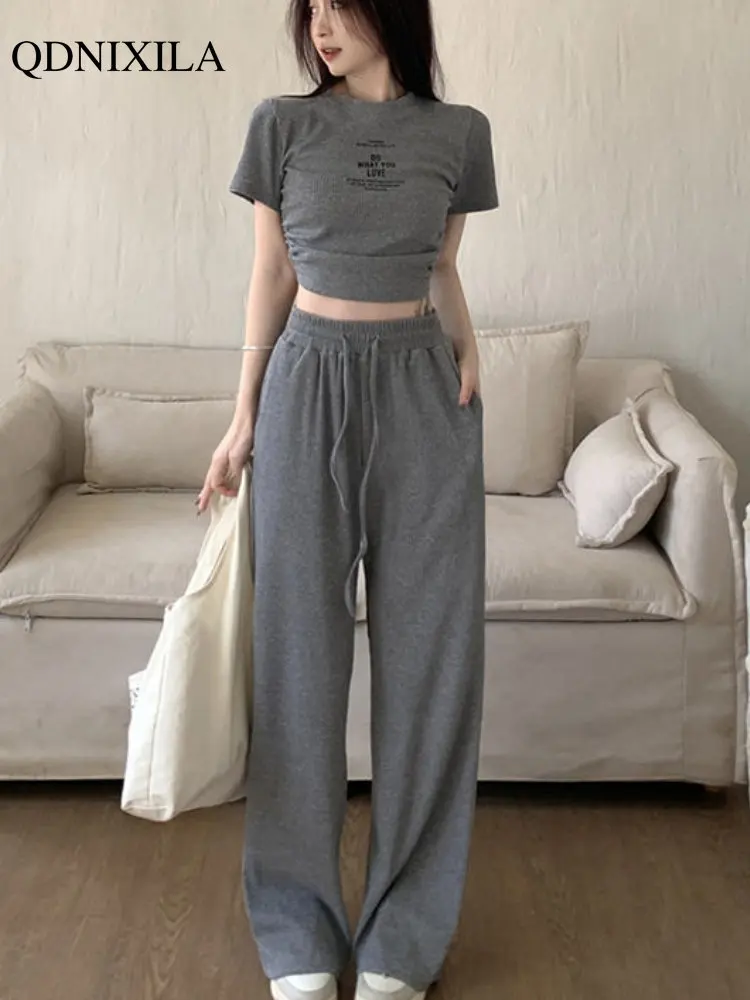 

2023 Summer New Women's Pants Sets Korean Chic and Elegant Drawstring Printed Short Sleeve Top Casual Wide-Leg Pant 2 Piece Set