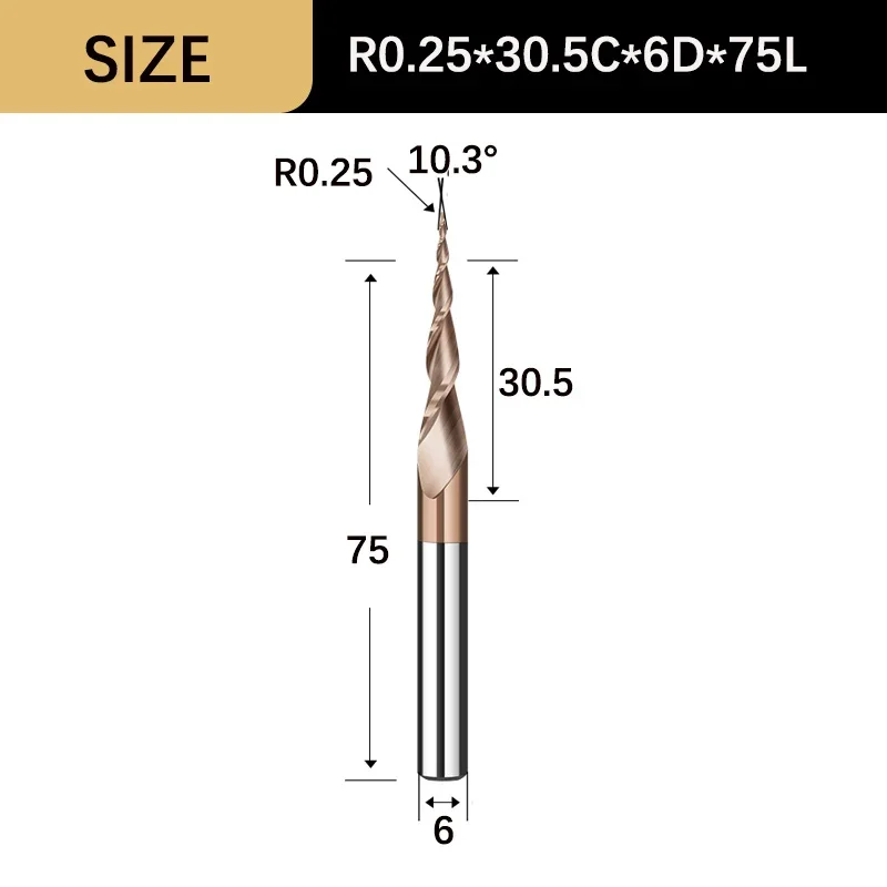 

Vsharp Коническая сферическая концевая фреза с хвостовиком 6 мм 2-зубая твердосплавная спиральная фреза Деревообработка CNC 3D резьба по дереву Фреза по дереву