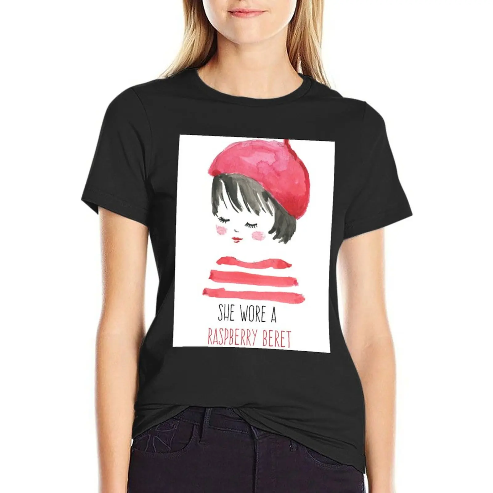 Женская футболка с рисунком She надела малиновый берет винтажная одежда в стиле